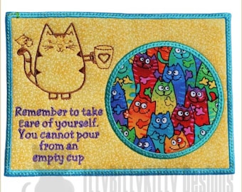 Cat care mug rug set, applique & stitched - minimum 5x7" hoop - EMBROIDERY FILE