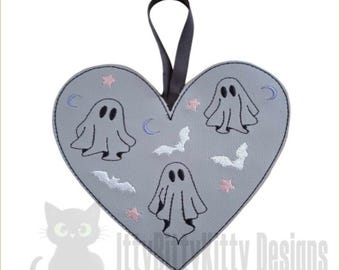 Ghost Trio Heart Embroidery File – Halloween Hanger & Standalone (4x4"+ Hoop)