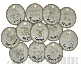 Zodiac Key Fob Embroidery Designs – Set of 12 (4x4" Hoop) (Embroidery File)