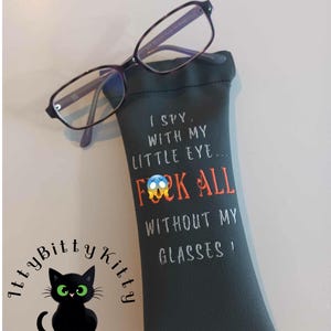 May include: A dark gray glasses case with the text "I spy with my little eye... FOCK ALL without my glasses!" in white and orange embroidery. A black cat with green eyes is in the lower left corner with the text "itty bitty kitty designs" in white.