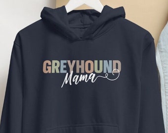 May include: A navy blue hooded sweatshirt with the text "Greyhound Mama" in colorful letters on the front.