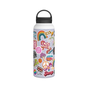 Sticker Collage Water Bottle, Water Bottle With Stickers, Retro Theme Sticker Bottle, Sticker Bomb, 70s, Peace & Love, Sticker Bomb