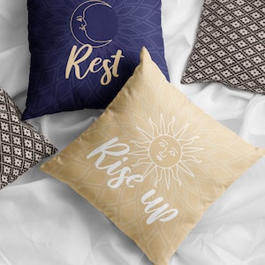 Rise Up and Rest Pillow, Double Sided, Square Pillow, Decorative Pillow, 20x20, 18x18, 16x16, 14x14, Sun Pillow, Moon Pillow, Celestial