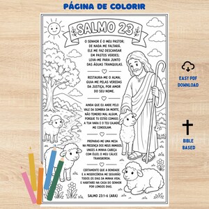 Może przedstawiać: Czarno-biała kolorowanka przedstawiająca Psalm 23 w języku portugalskim z ilustracjami pasterza trzymającego laskę, kilkoma owcami, drzewem, słońcem i chmurami. Tekst zawiera tytuł SALMO 23 oraz pełne wersety psalmu.