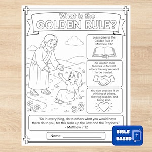 Könnte beinhalten: Eine schwarz-weiße Malvorlage mit dem Titel What is the GOLDEN RULE? zeigt eine Illustration einer Figur, die einem Kind die Hand reicht, sowie Textfelder mit Symbolen eines offenen Buches, eines Händedrucks und eines Herzens zur Erklärung.