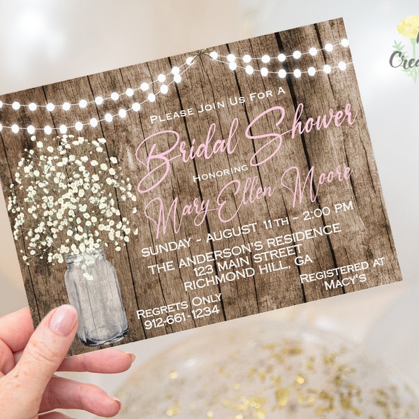 Mason Jar Shower Watercolor Invite, Rustic String of Lights Invite, Rustic Wood and White Floral Invitation, Instant Download