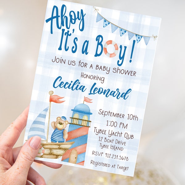 Ahoy It's A Boy Baby Shower Invitation, Editable Bear and Sailboat Invite, Nautical Baby Shower Invitation, Instant Download