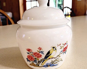 White Avon Milk Glass Ginger Jar w/Lid - Bird & Flowers Design