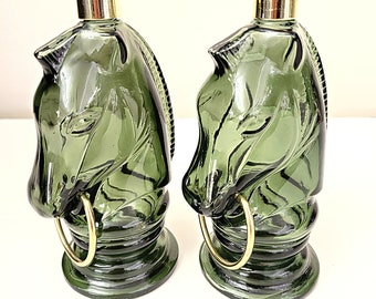Vintage 1970s Avon Horse Head Bottles: Green Glass Decor (Set of 2)
