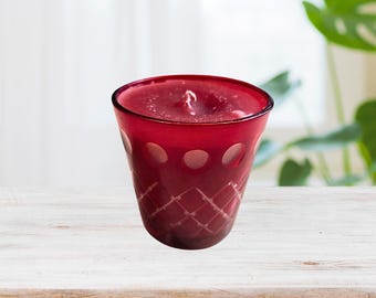 Candelabro votivo vintage de vidrio checo rojo rubí cortado a transparente - Estilo BOHO