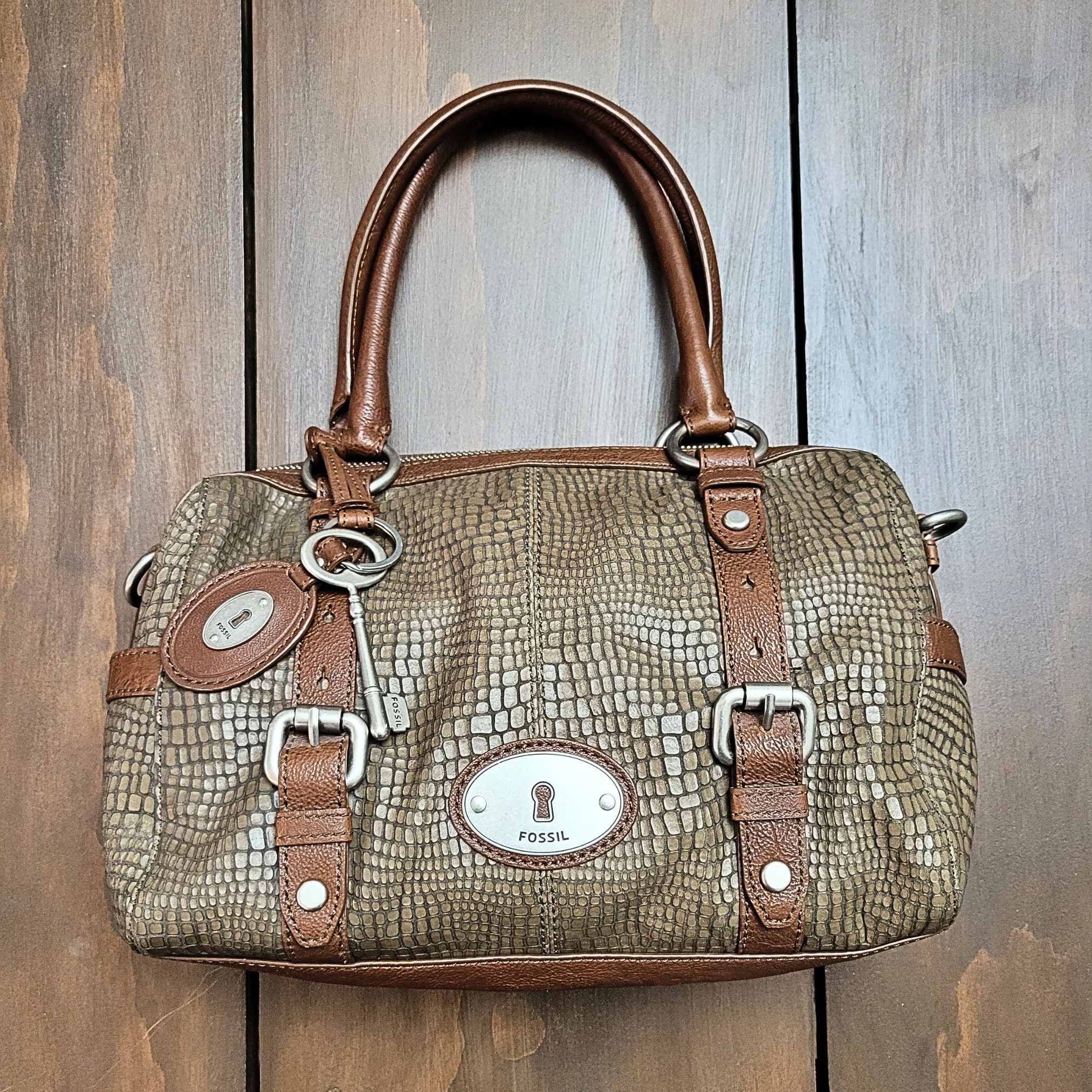 Fossil Maddox Leather/embossed Snakeskin Olive Green & Brown