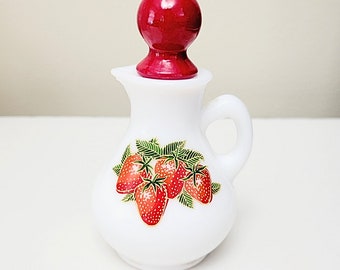 Vintage Avon Strawberries and Cream Milk Glass Mini Pitcher w/Red Lid - 1970s