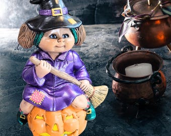 Vintage 1980's Ceramic Cabbage Patch Girl Witch on Jack-O-Lantern - Hobbyist Piece