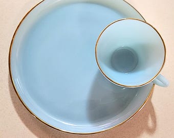 Vintage Fire KingTurquoise Blue Milk Glass Snack Set w/22k Gold Trim - Oven Ware