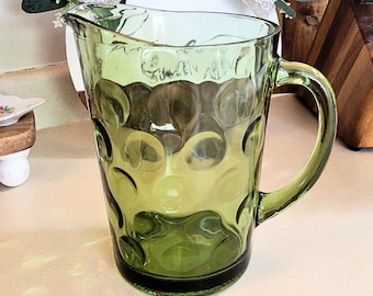 Vintage Hazel Atlas Emerald Green Glass Thumbprint Large Pitcher - 1960s