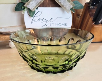 Vintage Hazel Atlas Emerald Green Glass Thumbprint Large Bowl - 1960s