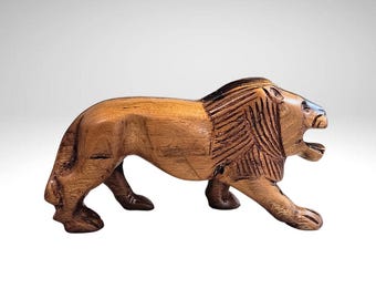 León rugiente de dos tonos tallado a mano en madera - Vintage
