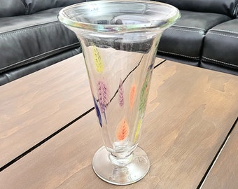 Jarrón vintage Dansk Burchetta de 10" hecho a mano - Hojas/plumas multicolores - Jarrón transparente