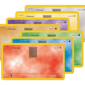 May include: A set of six blank Pokemon trading card templates. Each template has a different colored background and features a space for a Pokemon image, name, and HP. The templates are all yellow with black borders.