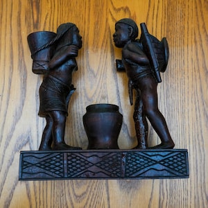 Hand-Carved African Wood Sculpture – Man & Woman w/ Vessels – Kenya Tribal Art