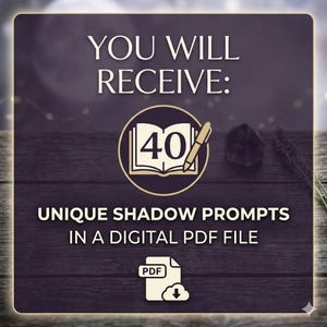 Puede incluir: Un gráfico digital de color morado oscuro con el texto YOU WILL RECEIVE: seguido de un icono circular de un libro abierto con el número 40 y un bolígrafo. Debajo aparece el texto UNIQUE SHADOW PROMPTS IN A DIGITAL PDF FILE y un icono de PDF.