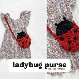 May include: A crocheted ladybug purse with black and red accents. The purse is attached to a white dress with a floral pattern. The text "ladybug purse crochet pattern" is displayed below the image.
