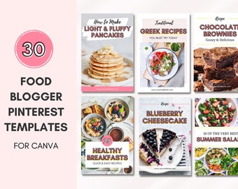 Food Blogger Pinterest Pin Templates | 30 Canva Templates | Pinterest Pins | Pink Digital Templates | Blogger Pinterest Template