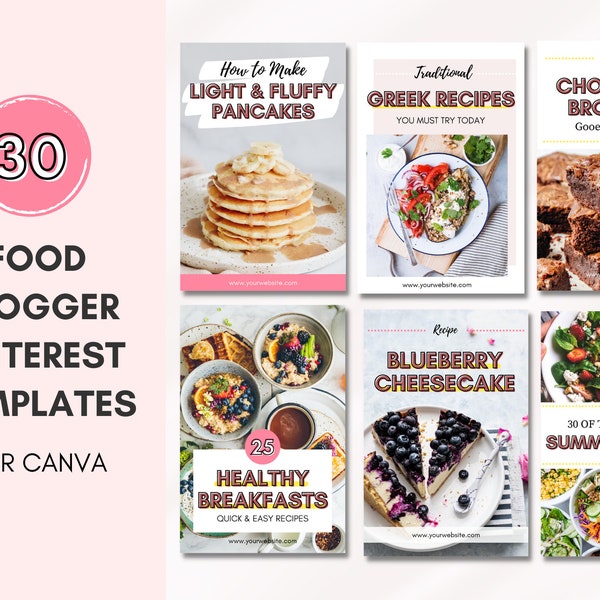 Food Blogger Pinterest Pin Templates | 30 Canva Templates | Pinterest Pins | Pink Digital Templates | Blogger Pinterest Template