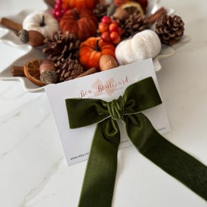May include: A dark green velvet hair bow with long tails sits on a card with the text "Bow Boulevard Handmade Hair Bows" and a website address. The background shows a decorative leaf-shaped dish filled with miniature pumpkins, pinecones, and berries.