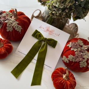Könnte beinhalten: Eine olivgrüne Haarspange aus Samt mit langen Bändern liegt auf einer weißen Karte mit dem Text "Bow Boulevard Handmade Hair Bows". Die Spange ist von kleinen, orangefarbenen Samtkürbissen mit goldenen Stielen umgeben.