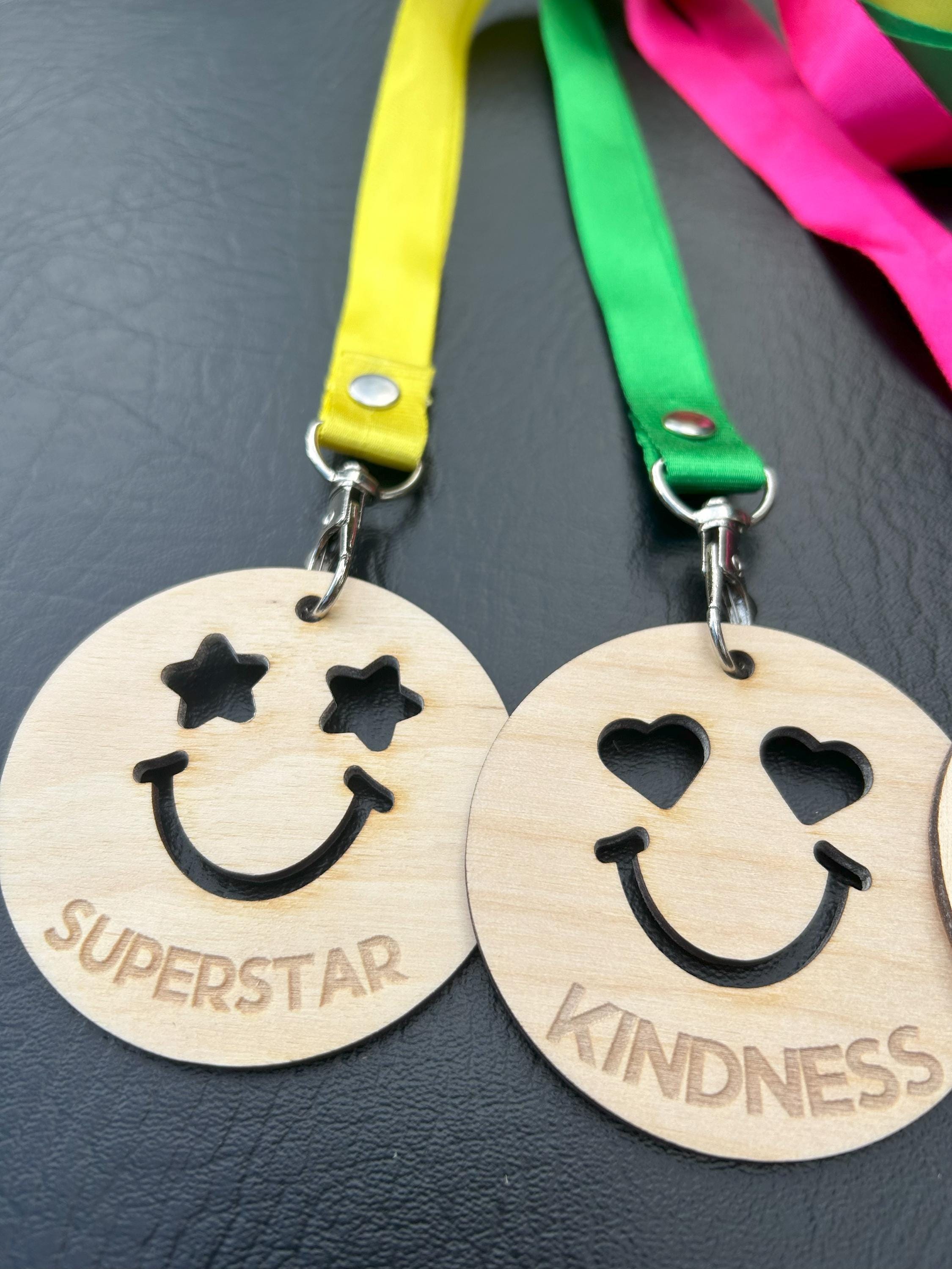 Personalised Wooden Smile Medal, School Reward Badge, Star Student ...