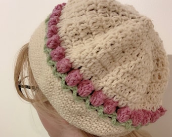 Padrão de crochê de chapéu tulipa - Chapéu coroa de flores - Tuque de lã floral - Toque - Gorro desleixado (PDF)