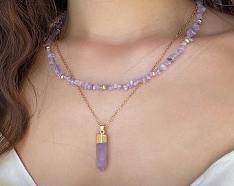 AMETHYST | ROSENQUARZ Kette Kristall Choker Heilstein Ankerverschluss Splitter Chips Edelstein Rohstein gold Collier Naturstein gold