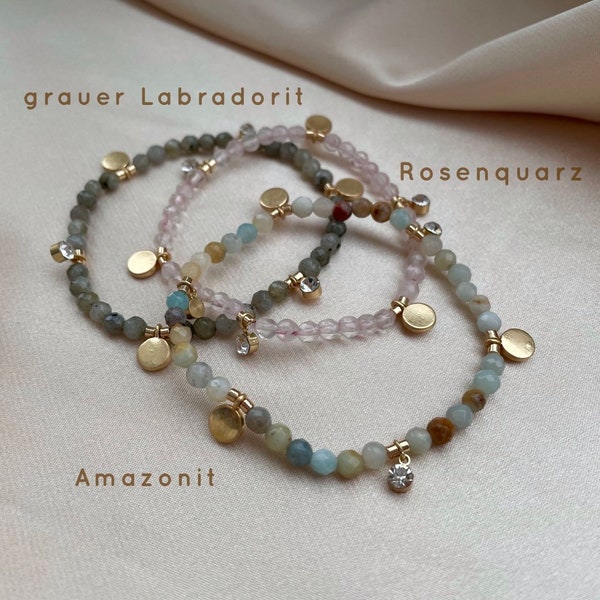 Handmade Heilstein Halbedelstein Armband dehnbar Amazonite Rosenquarz Labradorit Halbedelstein gold  rose quartz Kette boho Halbedelstein