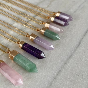 Gemstone necklace amethyst aventurine rose quartz crystal healing stone pendant stainless steel jewelry rose quartz dipped gold tip hexagon manifesto