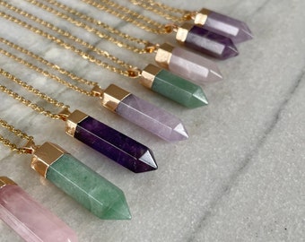 Gemstone necklace amethyst aventurine rose quartz crystal healing stone pendant stainless steel jewelry rose quartz dipped gold tip hexagon manifesto