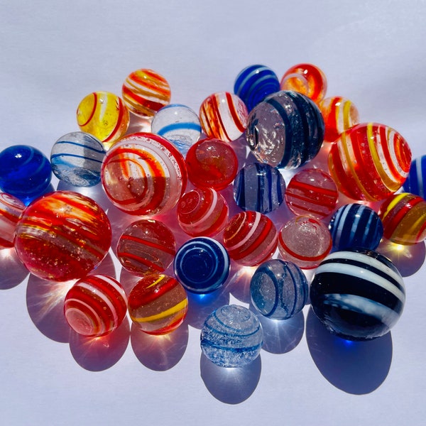 30 billes en verre soufflées à la bouche, faites à la main, bleues, colorées, jeu de billes en verre, Montessori Waldorf, maternelle, éducation des enfants