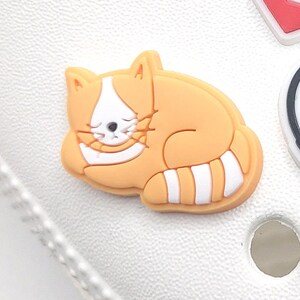 May include: A small, orange and white sleeping cat charm. The cat is curled up with its tail wrapped around its body. The charm is made of a soft, pliable material.