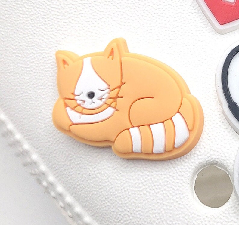 May include: A small, orange and white sleeping cat charm. The cat is curled up with its tail wrapped around its body. The charm is made of a soft, pliable material.