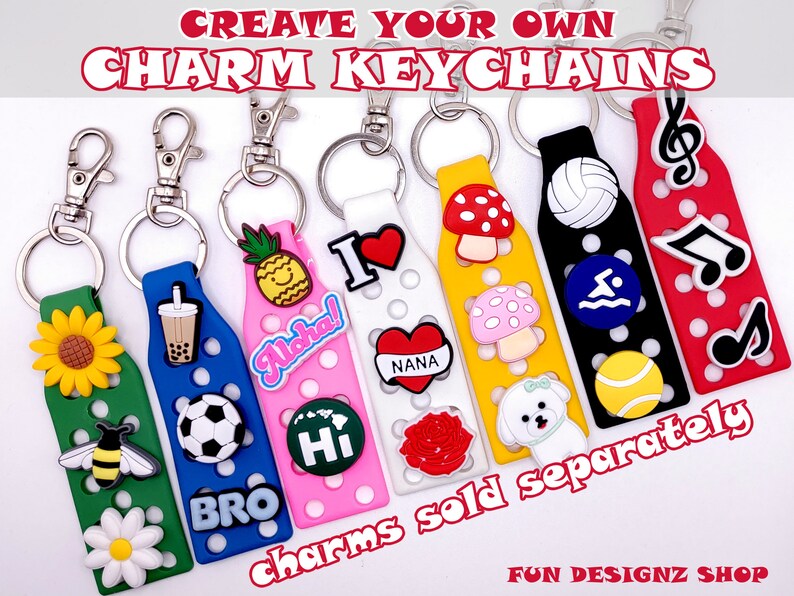May include: Create your own charm keychains with these colourful silicone keychains. Each keychain has a different design, including a pineapple, a cup of boba tea, a football, a mushroom, a volleyball, a music note, and a bee. The charms are sold separately.