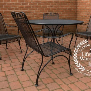 Vintage Flower and Leaf Wrought Iron Dining Set Four Chairs and Table