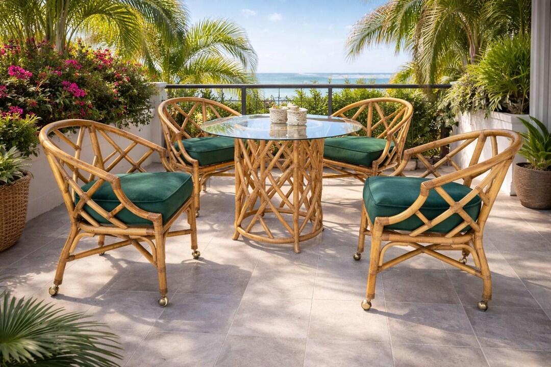 Mid-century Hollywood Regency Ficks Reed Rattan Dining Set With Brass ...