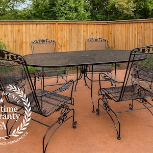 Rare Vintage Scroll Footed Wrought Iron Family Patio Set Six Chairs and Table