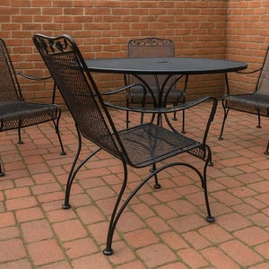 Vintage Flower and Leaf Wrought Iron Dining Set Four Chairs and Table