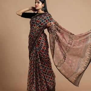 Kutch Ajrakh Hand Block Print Natural Dyed Kota Doria Cotton Saree 07