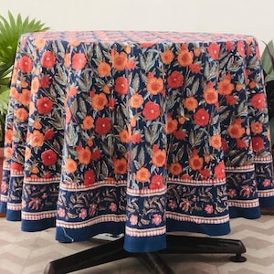 Indian block printed premium quality cotton round table cloth, dinning table linen fits country, contemporary and French style poppy design