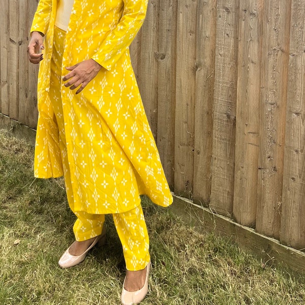 Summer Designer shrug palazzo set ikat style hand block printed, haldi yellow, green-black cotton dress overcoat kurti trouser