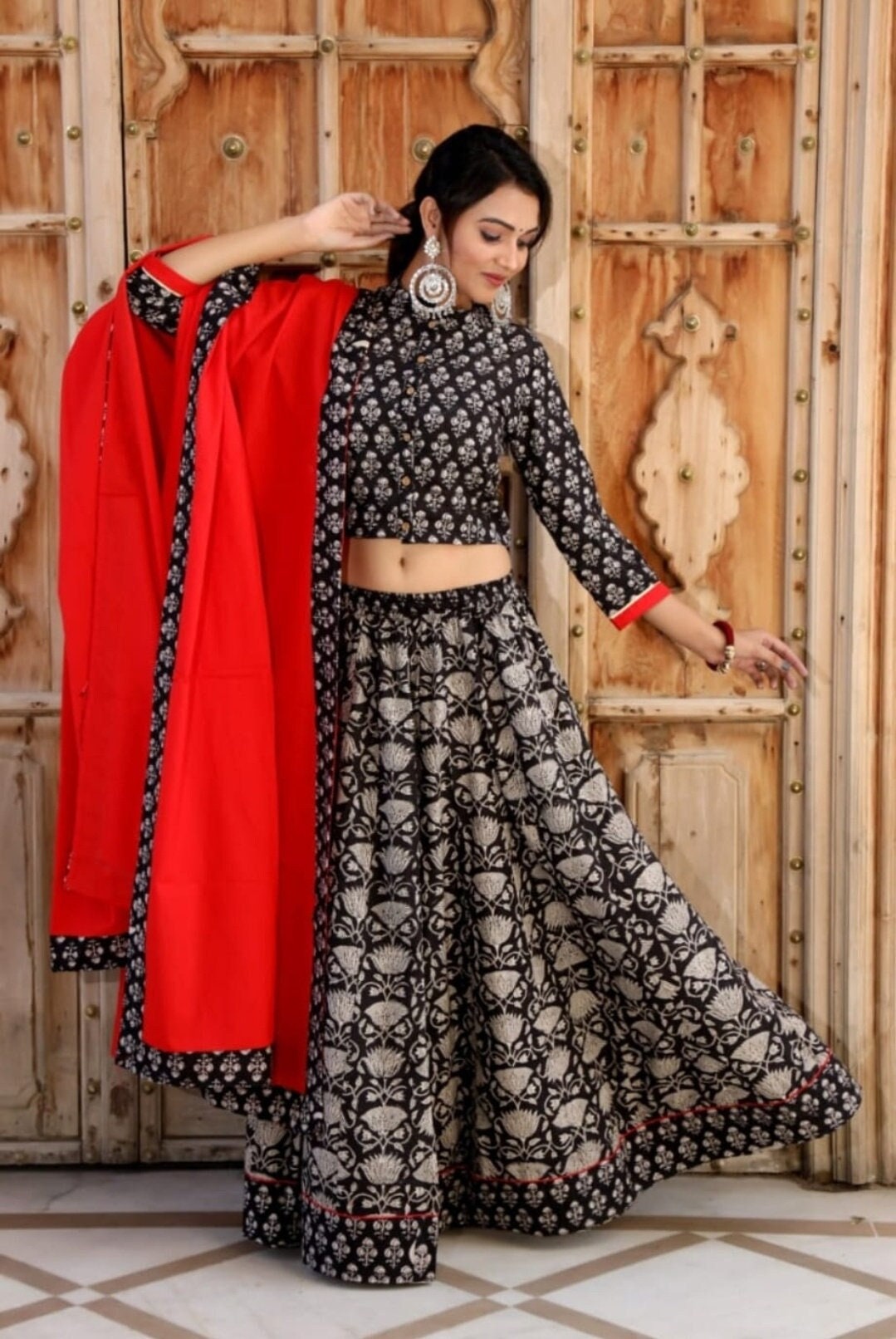 Hand block print cotton lehenga set by Gulaal