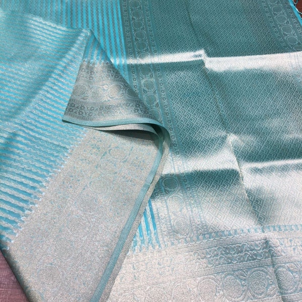 Banaras Organza silk pastel blue saree with antique border and stripes overall ideal for party, wedding, gift for her, trending saree stripe