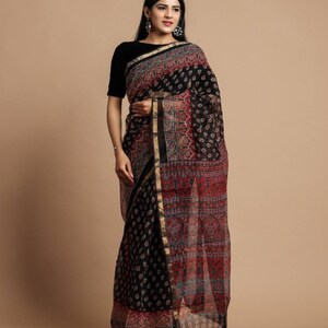 Red - Hand Block Print Natural Dyed Kota Doria Cotton Ajrakh Saree 07